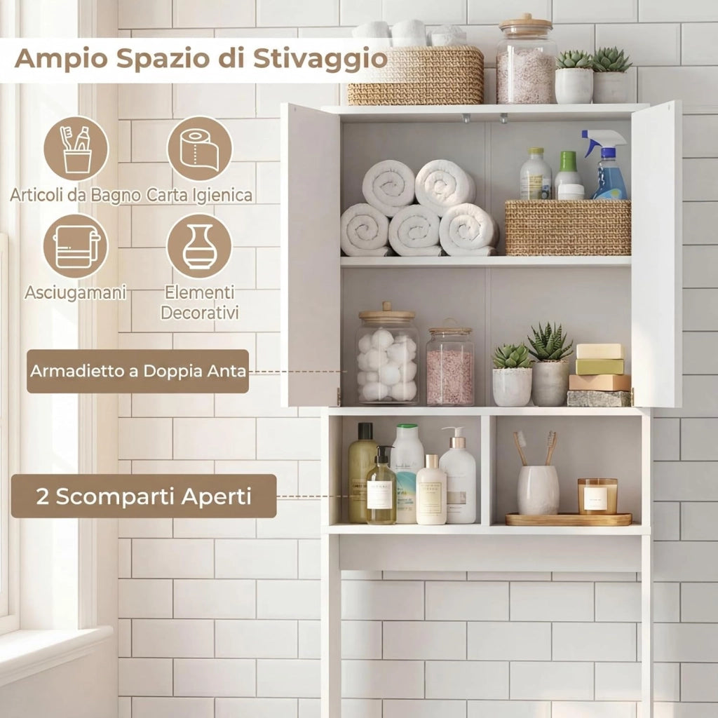 Mobile Bagno Sopra WC, Mobiletto Bagno Salvaspazio da Terra con 2 Ante, 2 Scomparti Aperti e Ripiano Regolabile, Scaffale Sopra Lavatrice per Lavanderia, 60 x 23 x 166 cm