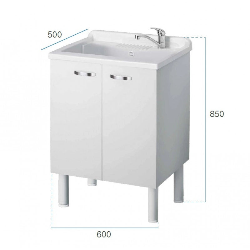 Lavatoio con mobile, lavapanni bianco in nobilitato idrofugo 60x50 cm salvaspazio con vasca in polipropilene  mobile due ante maniglie cromate da interno  Negrari