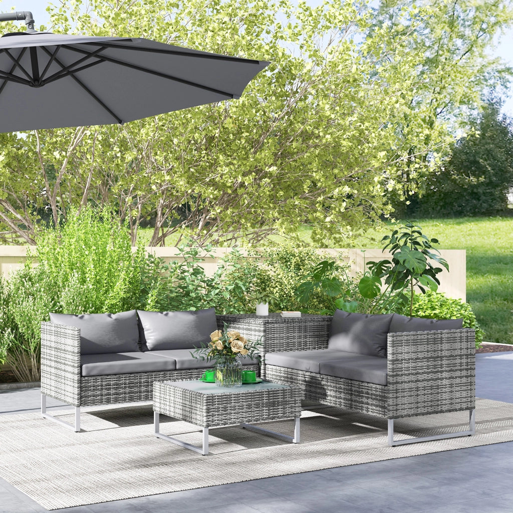 Set da Giardino 4 Pezzi con 2 Divani 2 Posti, Tavolino da Caff¨¨ e Tavolino Alto, in Acciaio e Rattan