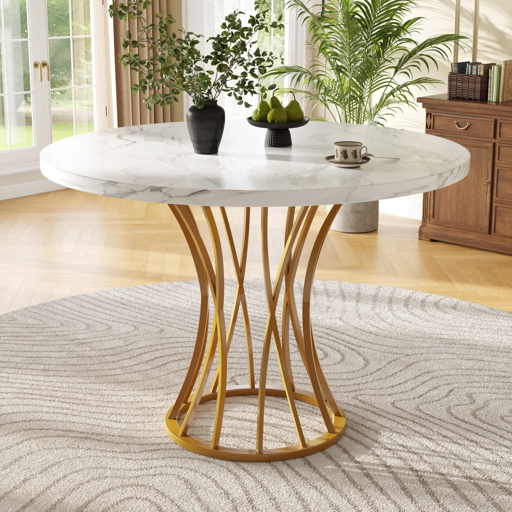 Tavolo da pranzo rotondo con piano in MDF effetto marmo e gambe in metallo, con piedini regolabili, 80 × 80 × 76 cm