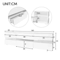 Moderno mobile TV lucido con illuminazione LED, 2 ante, 1 cassetto, vano aperto, apertura a pressione, Bianco