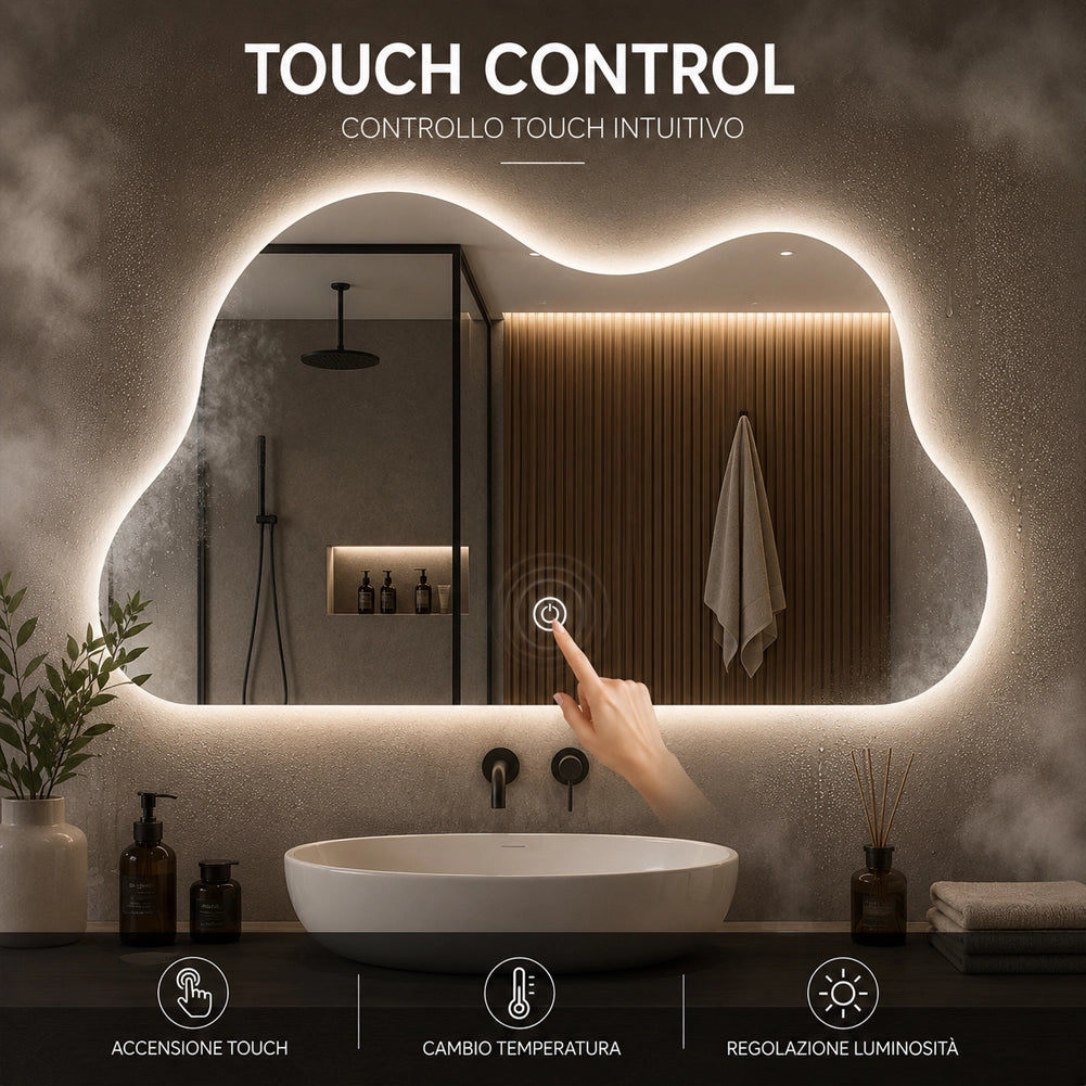 Specchio Led Nuvola con Led 3 Colori Dimmerabile 50x70 cm con Pulsante Touch