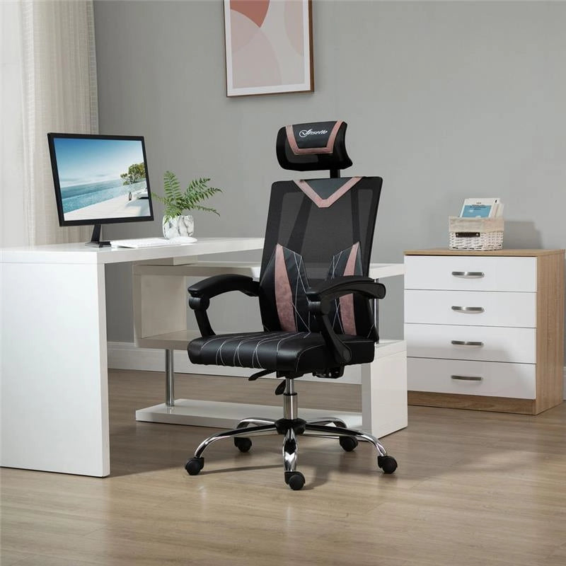 SEDIA DA UFFICIO CON SUPPORTO LOMBARE 58 X 62.5 X 112-120 CM NERO E ROSA