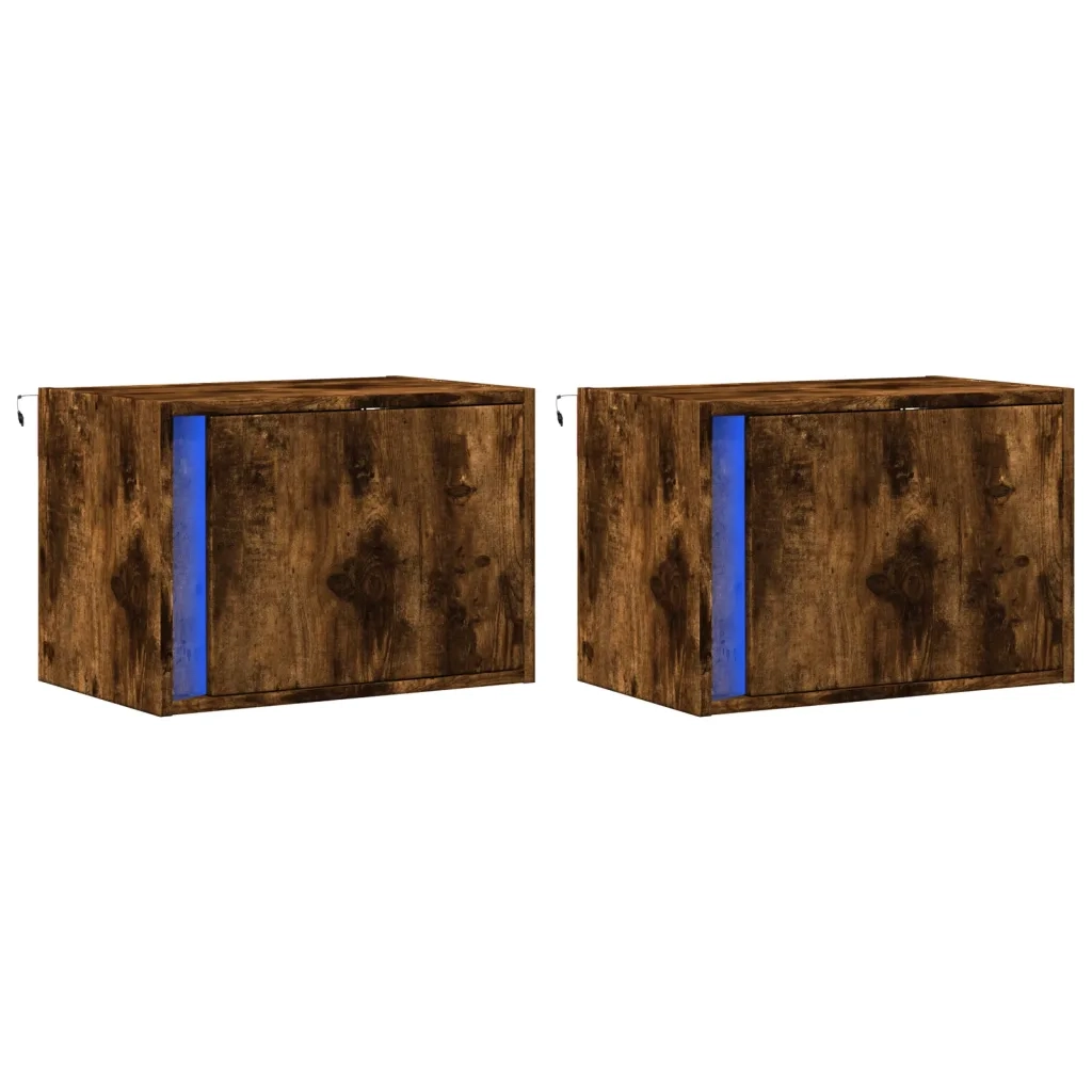 Comodini a Parete con luci LED 2 pz Rovere Fumo 852098