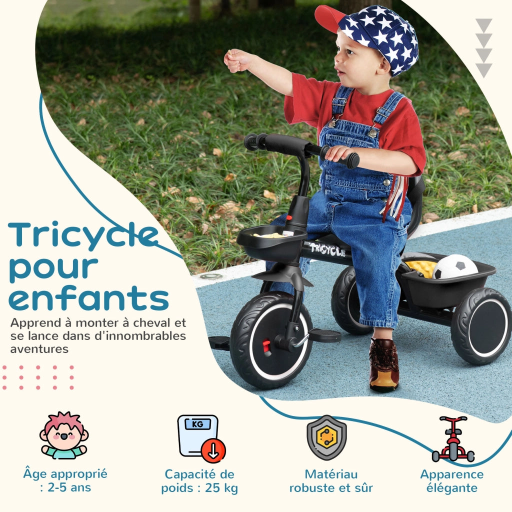 Triciclo per Bambini Regolabile con Cestini e Cintura di Sicurezza ¨C Zephmum ¨C 2-5 Anni Nero