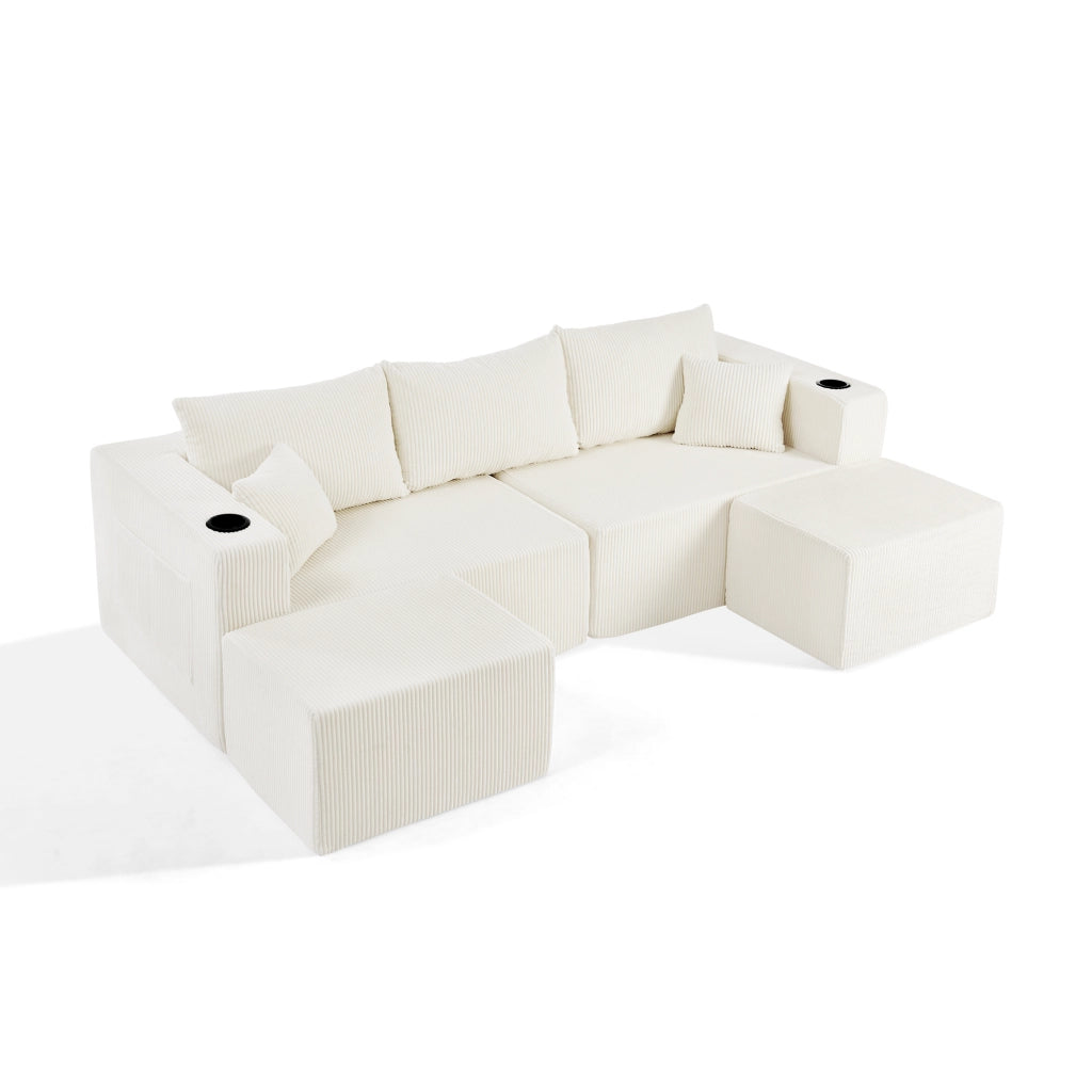 Divano ad angolo a 3 posti, design modulare, rivestimento in velluto a coste, con portabicchieri e cuscini, beige