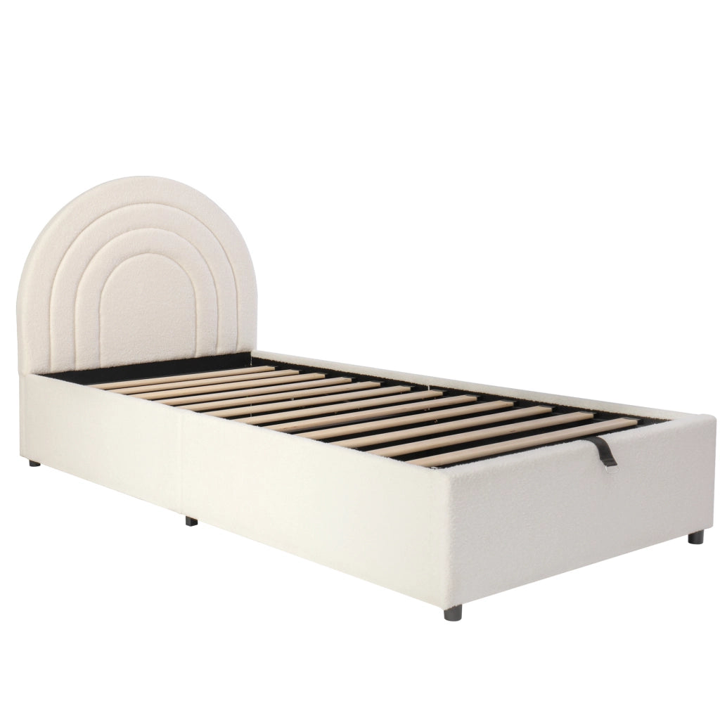Letto imbottito 90x200 cm con contenitore idraulico; testiera imbottita; bouclé beige