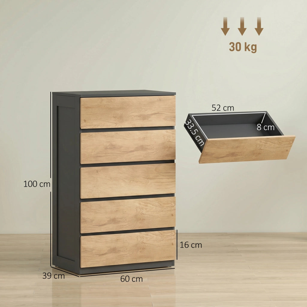 Cassettiera 5 Cassetti 60x39x100 cm con Guide in Metallo e Maniglie Scanalate in Legno Nero e Rovere