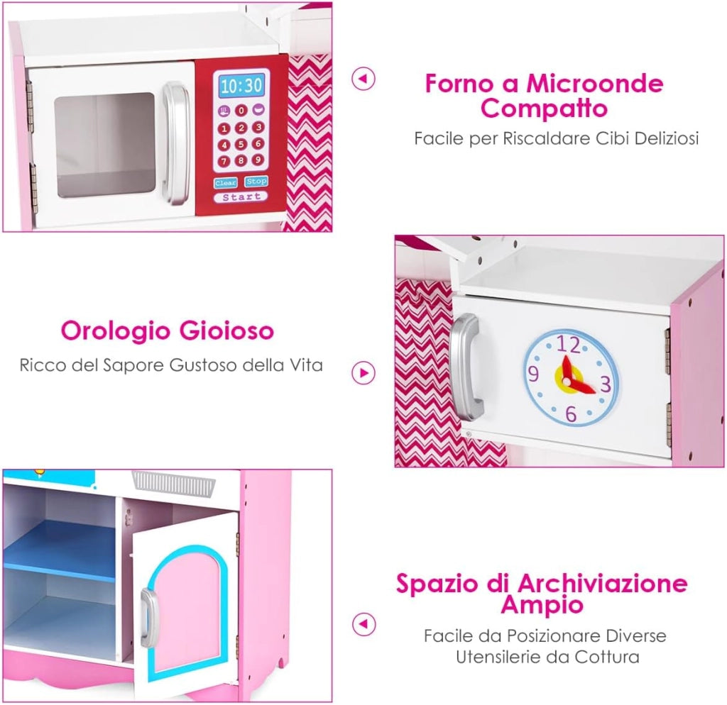 Cucina Giocattolo per Bambini in Legno, Cucina per Bambini con Forno, Microonde, Stufa a Gas, Lavello e Rubinetto, per 3 Anni+