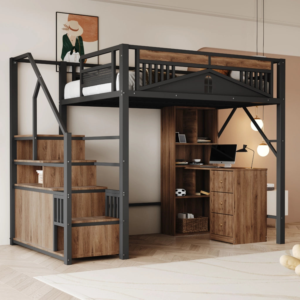 DESMIU Letto a soppalco matrimoniale con scala contenitore, armadietto e finestra 140 × 200 cm, senza materasso