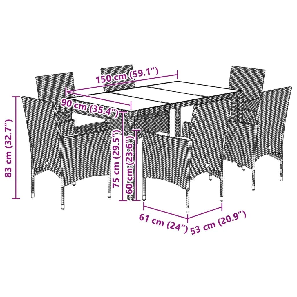 Set Pranzo da Giardino 7 pz Nero con Cuscini Polyrattan Acacia 3278540