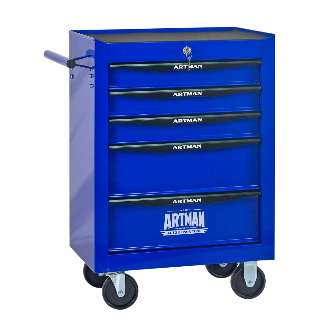 Carrello portautensili con 5 cassetti, ruote piroettanti, serratura e struttura in acciaio, per garage, nero e blu