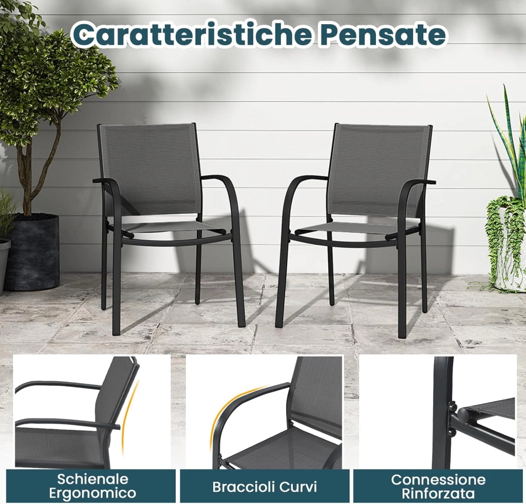 Set di 2 Sedie da Giardino, Sedie da Pranzo Impilabili in Metallo, con Seduta e Schienale Traspiranti, Poltrona Esterno per Giardino Piscina Balcone, Portata 150 kg