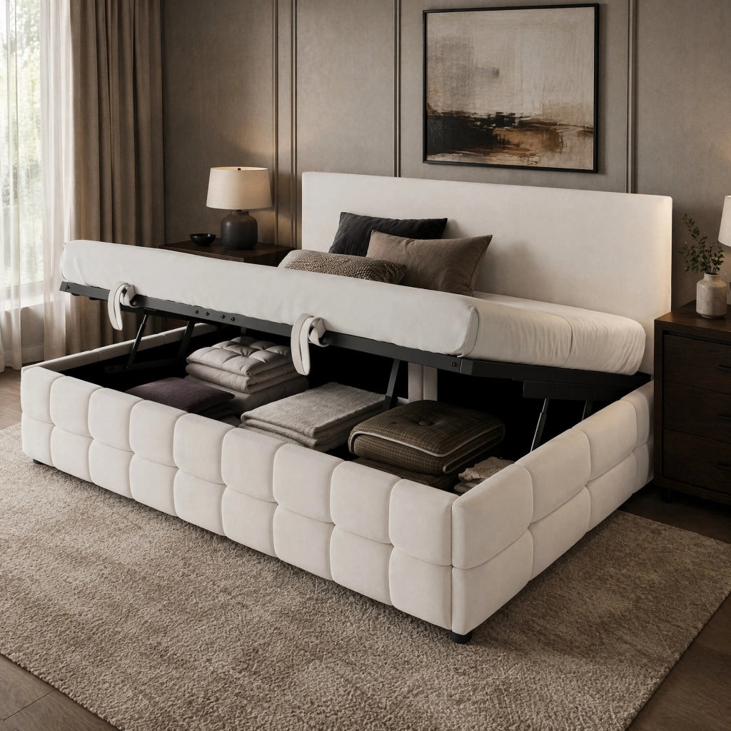 Divano letto singolo imbottito 90x200 cm con contenitore idraulico e schienale; velluto beige