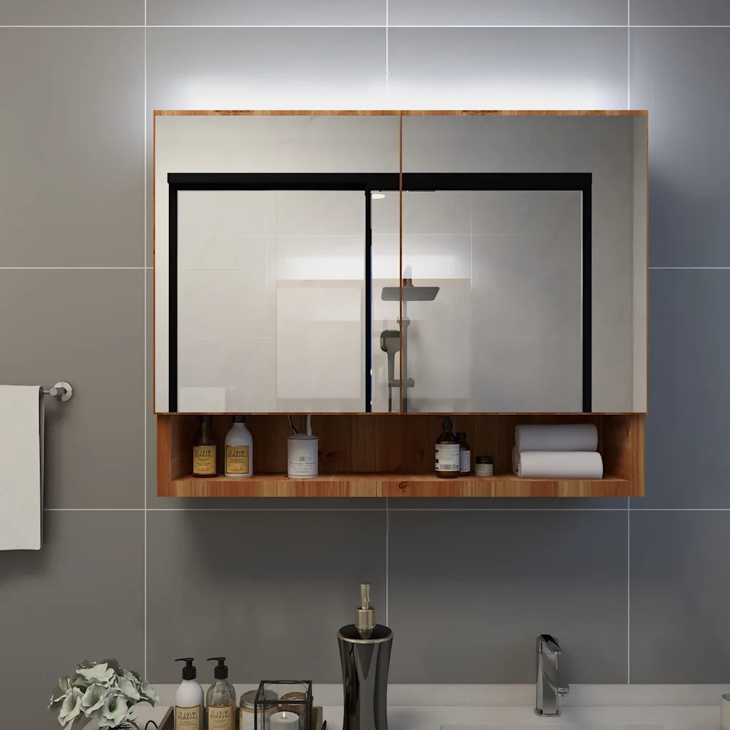 Armadietto a Specchio con LED Rovere 80x15x60 cm in MDF 323606