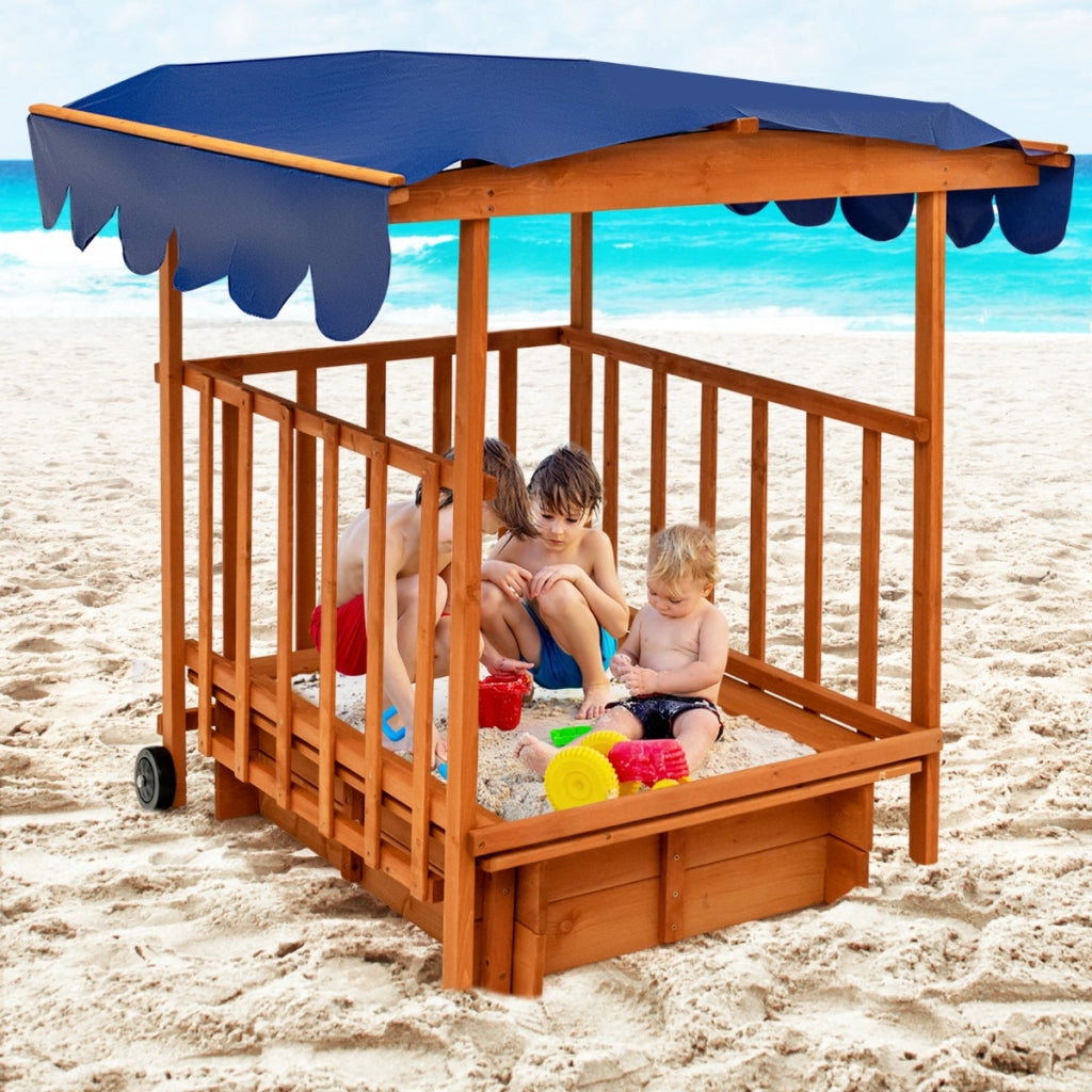Sabbiera per bambini con tettoia e ruote posteriori, Sabbiera con parapetti di sicurezza per cortile e spiaggia