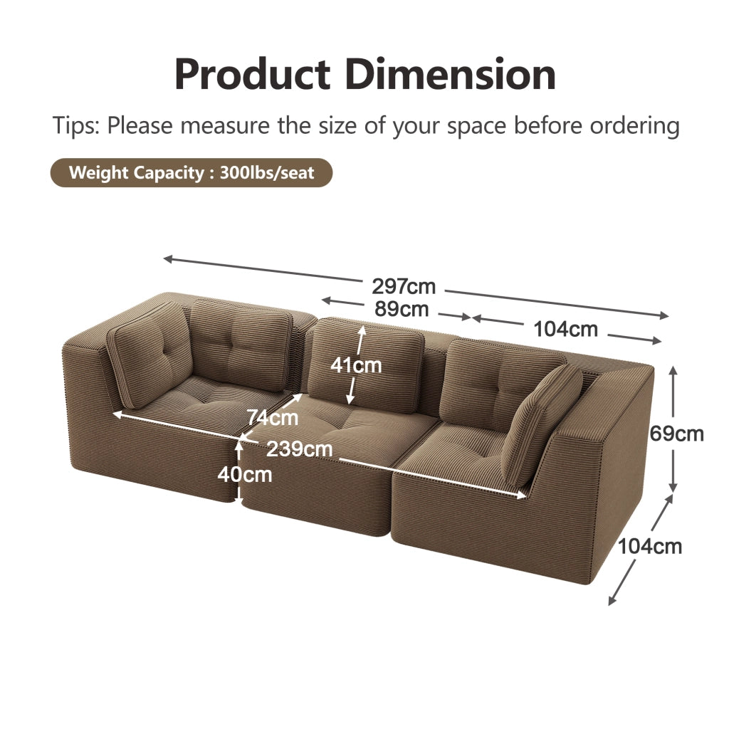 Divano angolare modulare senza struttura; seduta profonda 74 cm in velluto a coste marrone