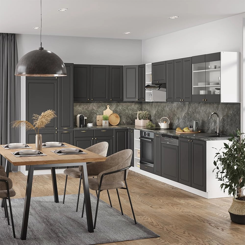 Cucina angolare completa Fame-Line, Bordeaux lucido/antracite, 347 x 60 cm, PT Antracite, per una progettazione flessibile della cucina e un'espansione modulare