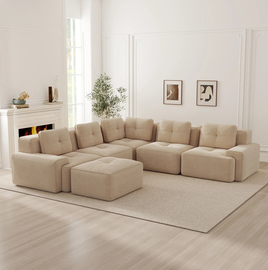 DIVANO Angolare Modulare in Velluto a Coste Beige