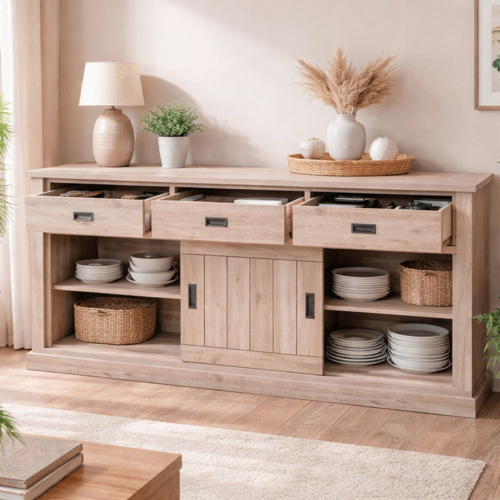 Madia Credenza Con 3 Cassetti 2 Ante Scorrevoli E 4 Ripiani Interni Mobile Dispensa Per Cucina Soggiorno Zona Living Design Classico Moderno 220 X 50 X 95 Cm Rovere Alaska