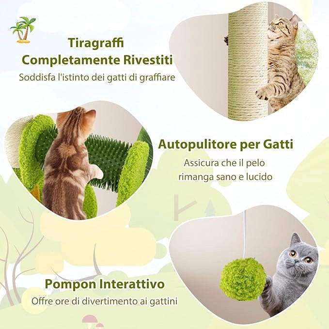 Albero per Gatti da Interno, Albero Tiragraffi con Foglie Artificiali, Condominio, Trespolo, Tiragraffi in Sisal, Autopulente e Pompon in Peluche, Tiragraffi per Gatti a Tema di Foresta