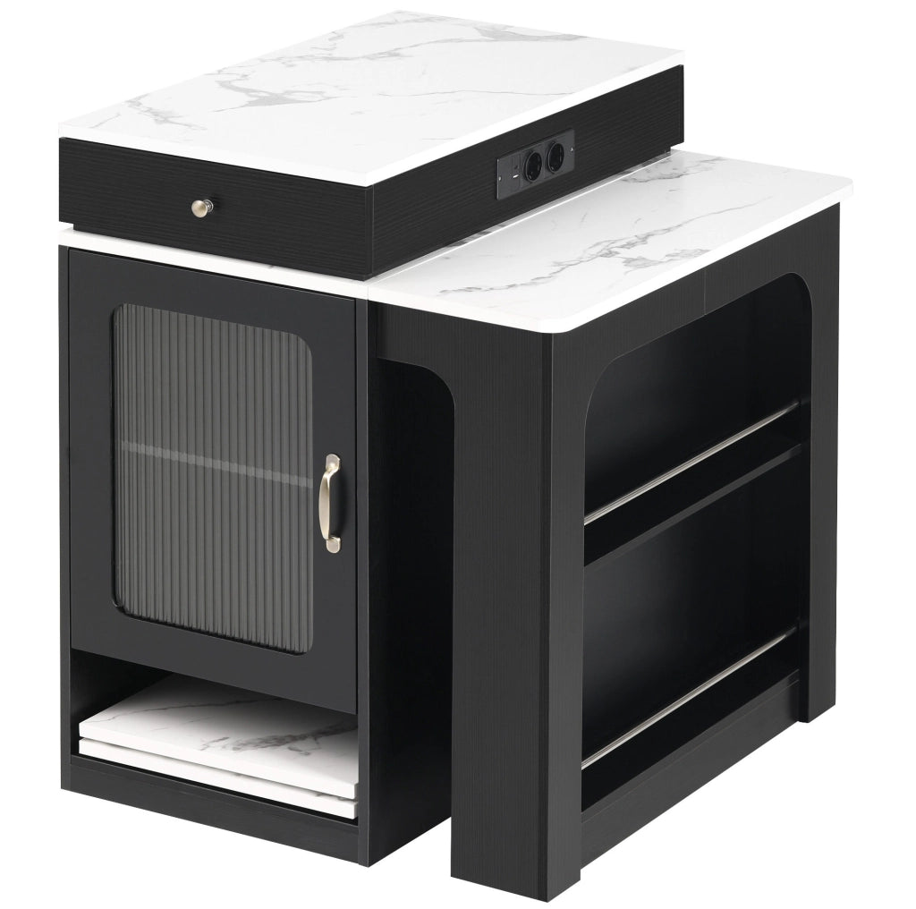 Tavolo allungabile 80x71~111~151x92 cm con prese integrate; MDF e vetro bianco e nero