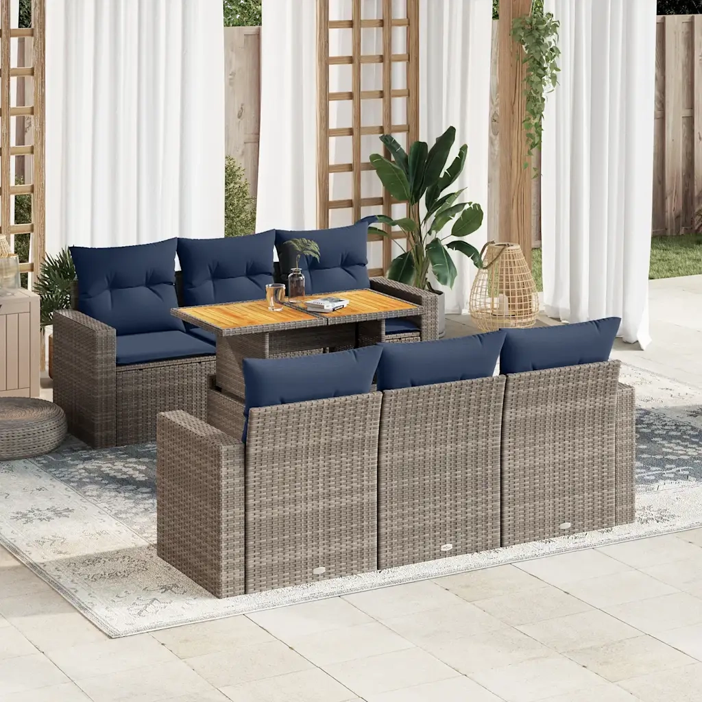 Set Divani da Giardino 7 pz con Cuscini Grigio in Polyrattan 3327001