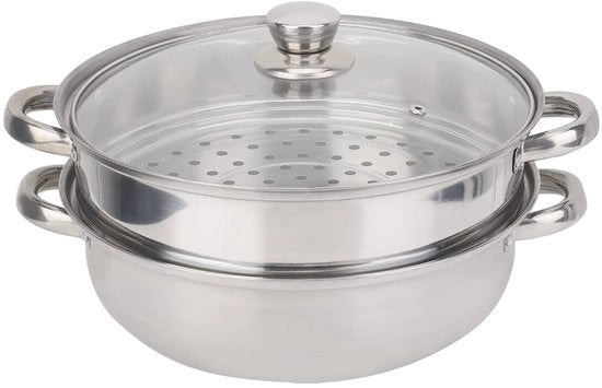 Stoviglio a vapore 27 cm - Acciaio inossidabile - 2 Strati di accessori da cucina - Coperchio in vetro - Maniglia ergonomico - Materiali sicuri per l'alimentazione - Stoviglio a vapore con coperchio in vetro