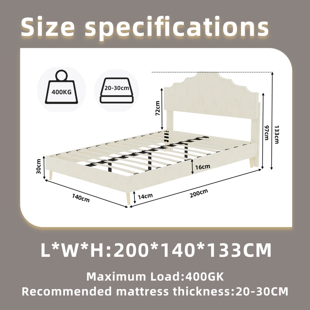 DESMIU Letto matrimoniale 140 × 200 cm 2 posti con testiera geometrica, senza materasso, in tessuto beige