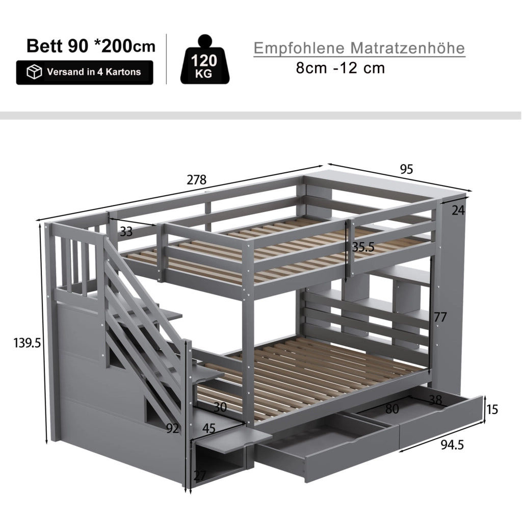 Letto a castello 90x200 cm con scala contenitore e cassetti, grigio