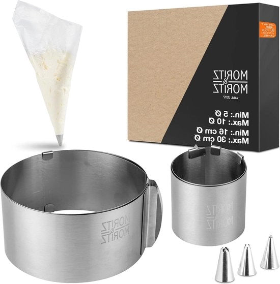 Frametti per torte - acciaio inossidabile - regolabili senza scalini - decorazione e confezione - 10 sacchetti per decorare - 3 accessori per torte Cake ring