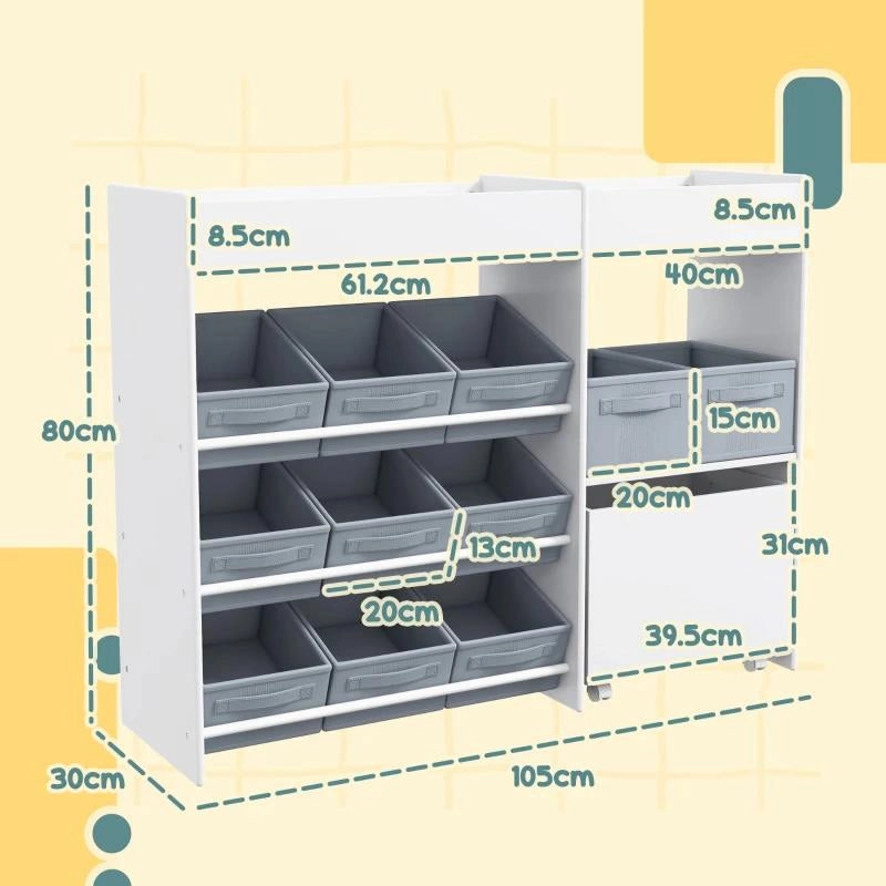 MOBILE PORTAGIOCHI PER BAMBINI CON 11 CESTINI IN TESSUTO, ARMADIETTO E RIPIANI, 105X30X80 CM, BIANCO
