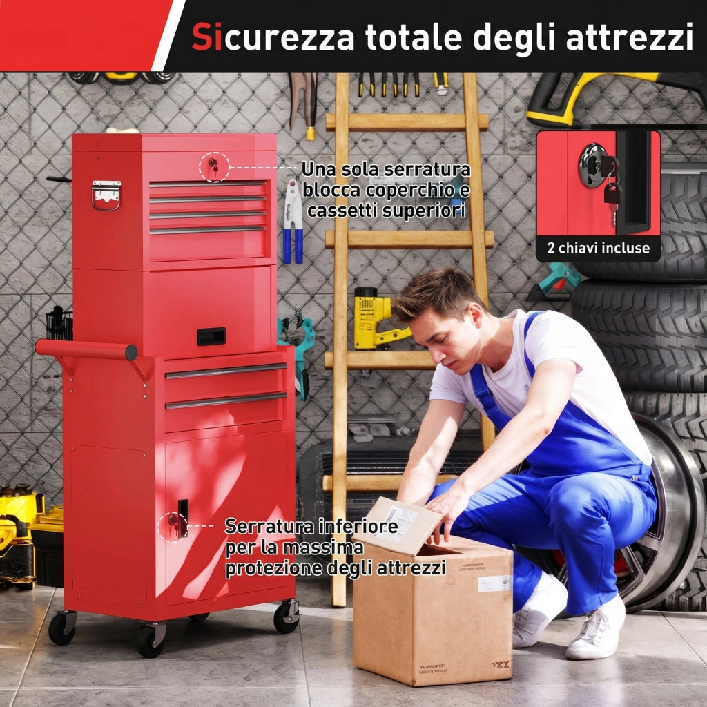 Carrello Porta Attrezzi 60,5x33,5x131 cm con Serratura 6 Cassetti 2 Armadi in Acciaio Rosso