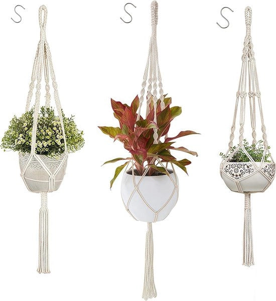 Set di 3 maniglie per appendere piante in macramé con fiocchi di cotone - Decorazione per giardino interno - 3 x Ganci