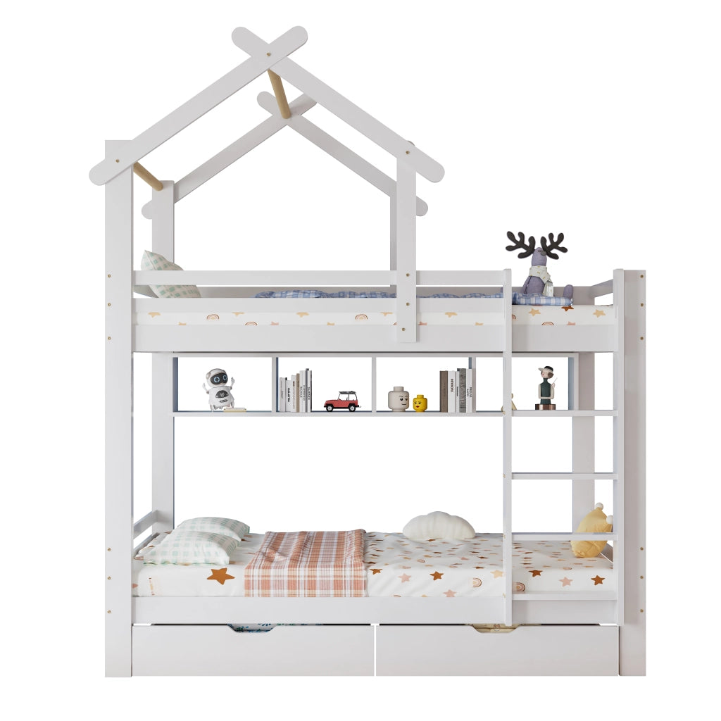 Letto a Castello 90x200 cm con Cassetti; Mensole e Scala a tre gradini; Bianco