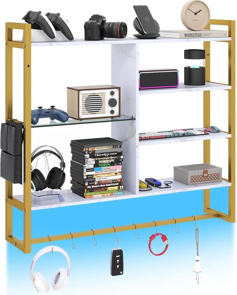 Mensola da Parete 107 cm, Scaffale a 6 Livelli con Luci LED, Controllo Remoto e APP, 8 Ganci a S e Tasca Laterale Rimovibile, Espositori per Bar Cucina Salotto Bagno