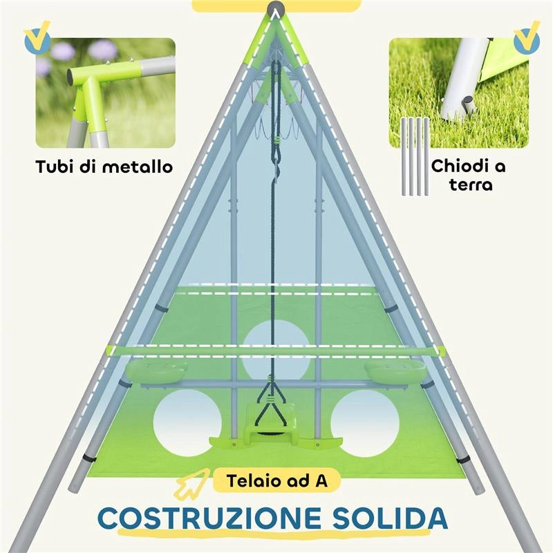 GIOCO PER BAMBINI 4 IN 1 CON 2 ALTALENE DA GIARDINO CANESTRO E PORTA DA CALCIO 215X180X182 CM VERDE E GRIGIO