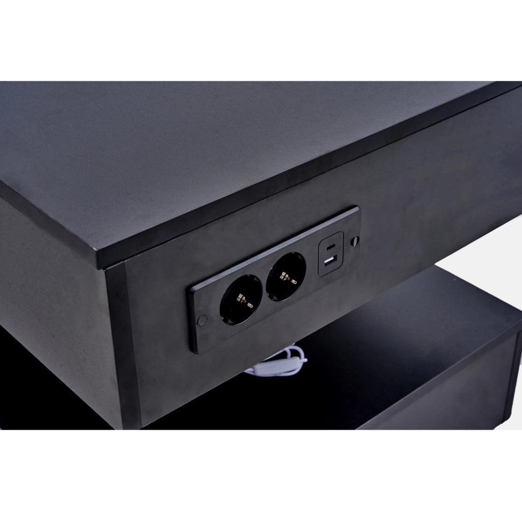 Tavolino da salotto sollevabile con LED; vano contenitore e prese EU; 100x50x42 cm; nero