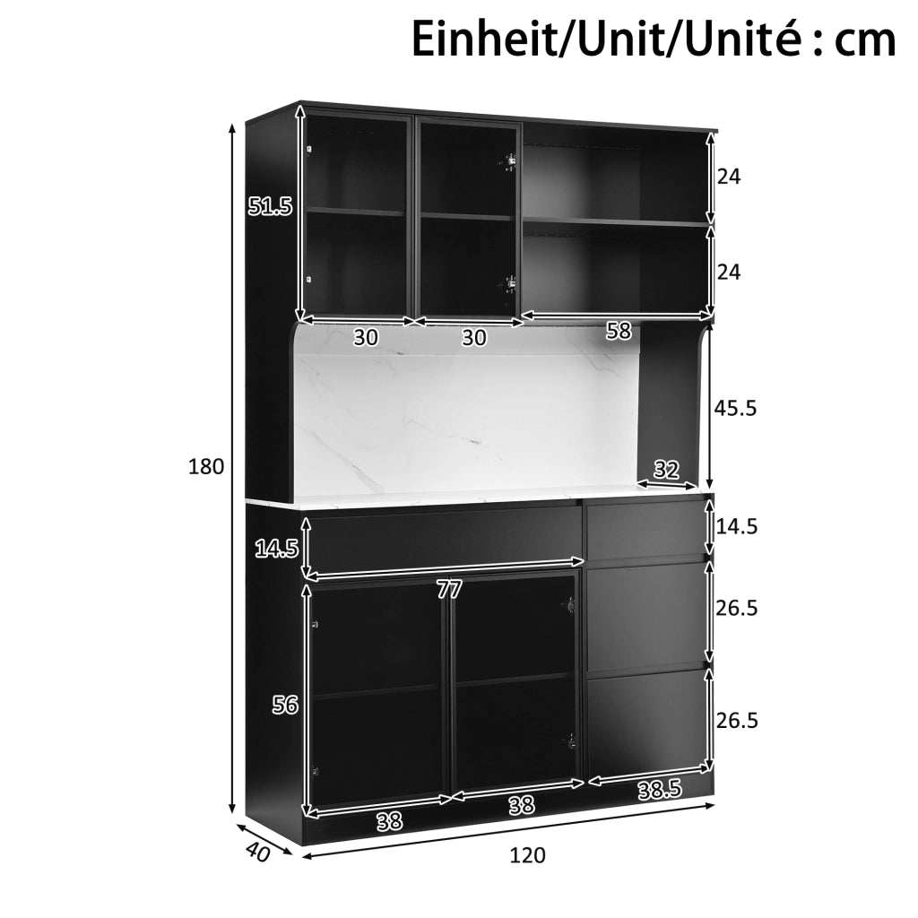 Credenza alta con LED e ante in vetro, cassetti e vani aperti, per soggiorno e sala da pranzo, 120 × 40 × 180 cm