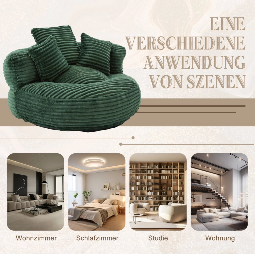 Sitzsack ergonomico in corduroy verde smeraldo 108x108x52 cm; con braccioli e schienale alto
