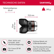 Obiettivo grandangolare fisso 12mm F2.0 APS-C per Canon M-APS-C, focus manuale – Fotocamera EOS M6 Mark II, EOS M50, EOS M200, EOS M100, EOS M10, EOS M6 II – nero