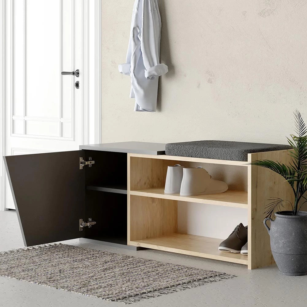 Panca con Scarpiera da Ingresso 104x37x47 cm con 2 Ripiani Porta Scarpe Anta e Cuscino in MDF Grigio