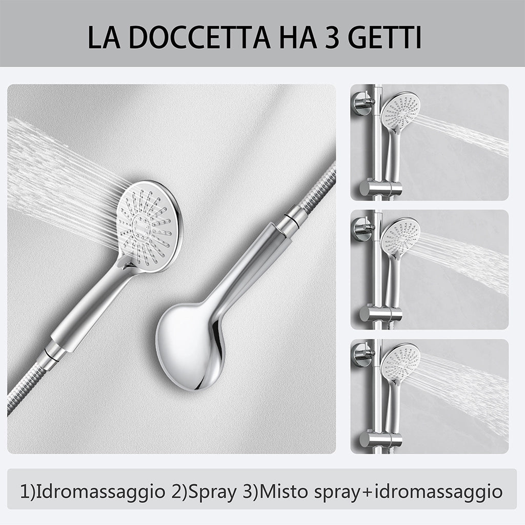 Kit doccia con miscelatore termostatico, soffione rotondo da 25cm, doccetta tonda 23x10.8cm, colonna doccia regolabile 72-120cm, cromo