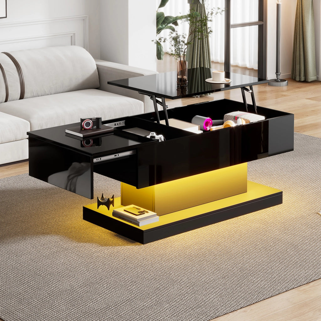 Tavolino da caff¨¨ moderno con sollevamento idraulico, piano scorrevole, LED e vano contenitore 100x50x45 cm nero