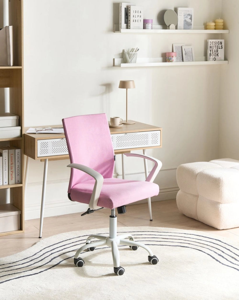 Sedia da ufficio in tessuto rosa con gambe in ferro, altezza e schienale regolabili girevole per ufficio domestico