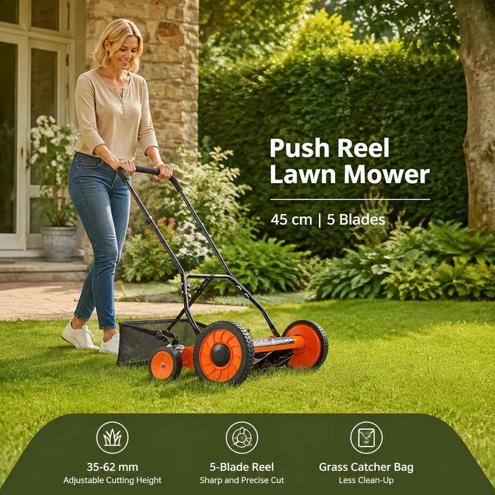 Cylinder Mower With A 450 Mm Cutting Width, Lawn Mower Cutting Height From 35 To 62 Mm, Hand Mower With 5 Blades And Grass Catcher Bag, Ideal For Green Lawns, Driveways, And Courtyards.