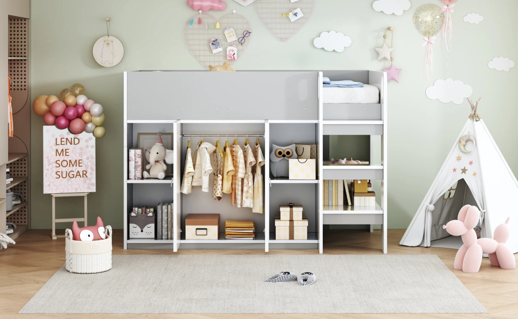DESMIU Letto a Soppalco per Bambini 1 Posto con Armadio, Scaffali e Scala 90 × 200 cm, senza materasso