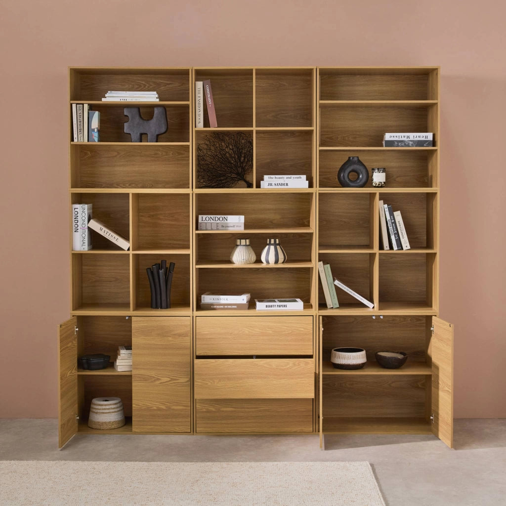 Libreria modulabile decorazione legno 9 elementi, quercia