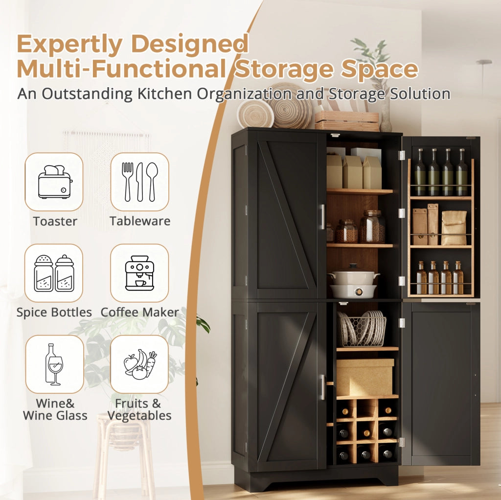 Credenza alta da cucina 80x40x180 cm con 4 ante stile barn; ripiani portabottiglie; nero e naturale