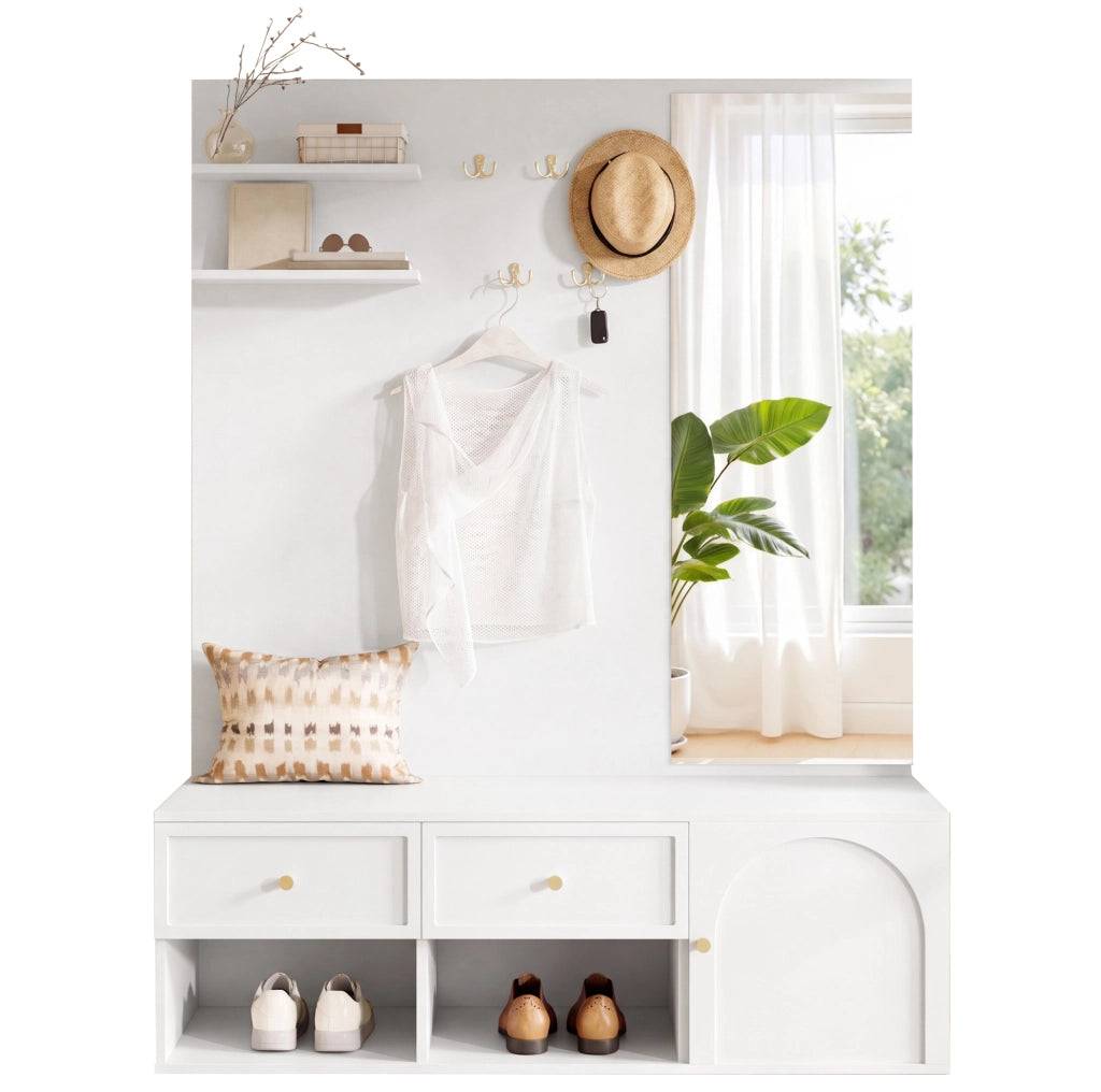 Set appendiabiti da parete con specchio, cassetti e panca, bianco, 120x35x159 cm